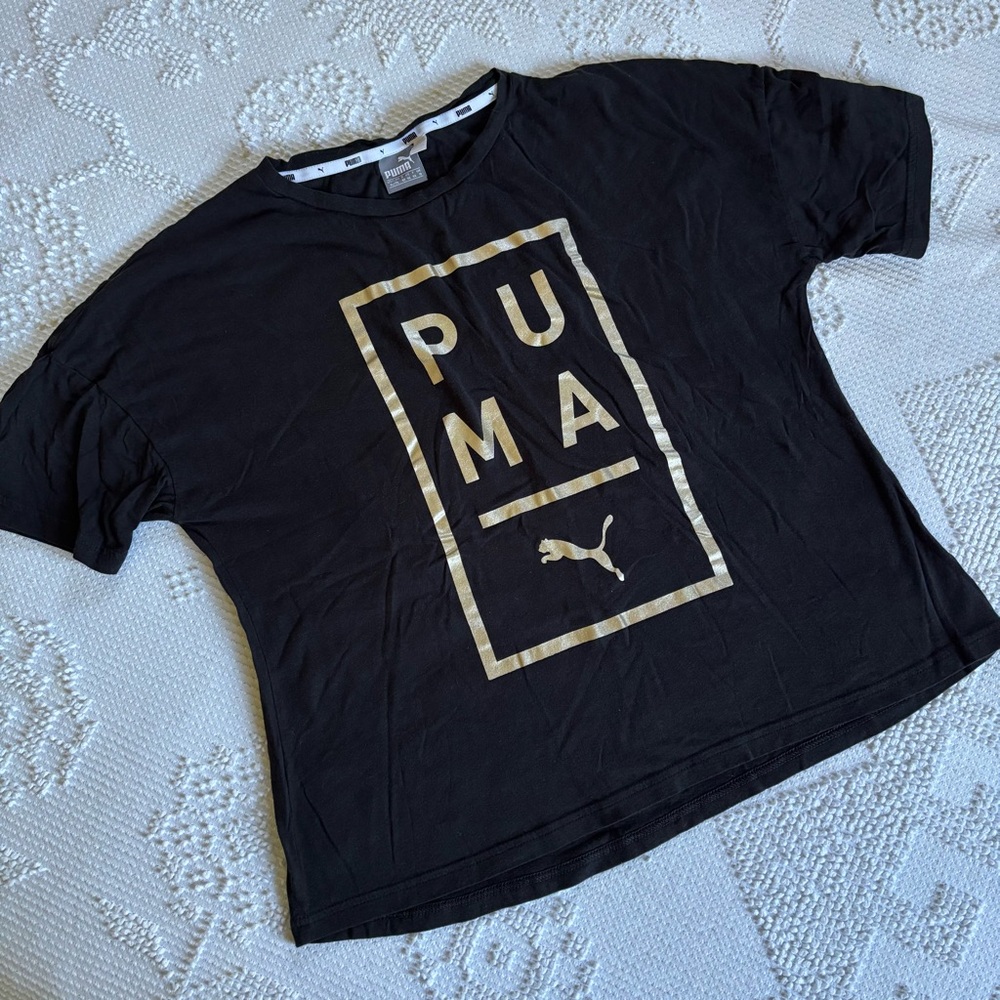 Puma Women's Black Tee with Gold Logo